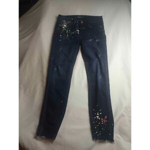 Zara Basic Z1975 Denim Jeans Womens 6 Blue Denim Paint Splatter Artsy Indie Chic